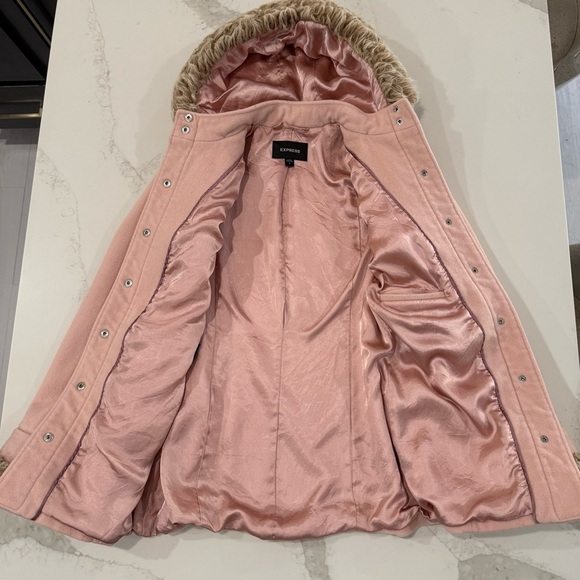 Express Button Front Wool/Cashmere Blend Pea Coat Faux Fur Trim Women’s 6 Pink - Picture 6 of 10